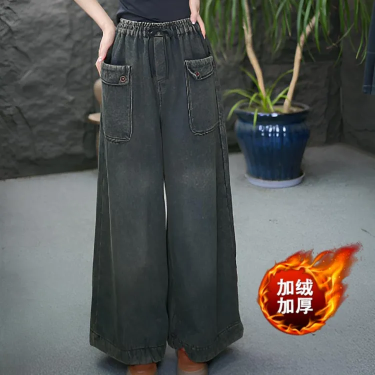 JJ【加绒】磨白常规秋季长裤冬季高腰牛仔裤显瘦薄款复古水洗