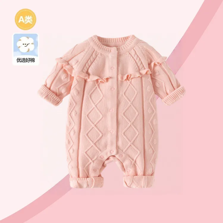 婴儿衣服秋装连体衣女宝宝满月外出哈衣针织套装幼儿洋气毛衣