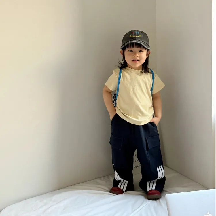 《小思家》男女同款2025夏季新款韩版休闲奶油黄短袖条纹休闲裤套装