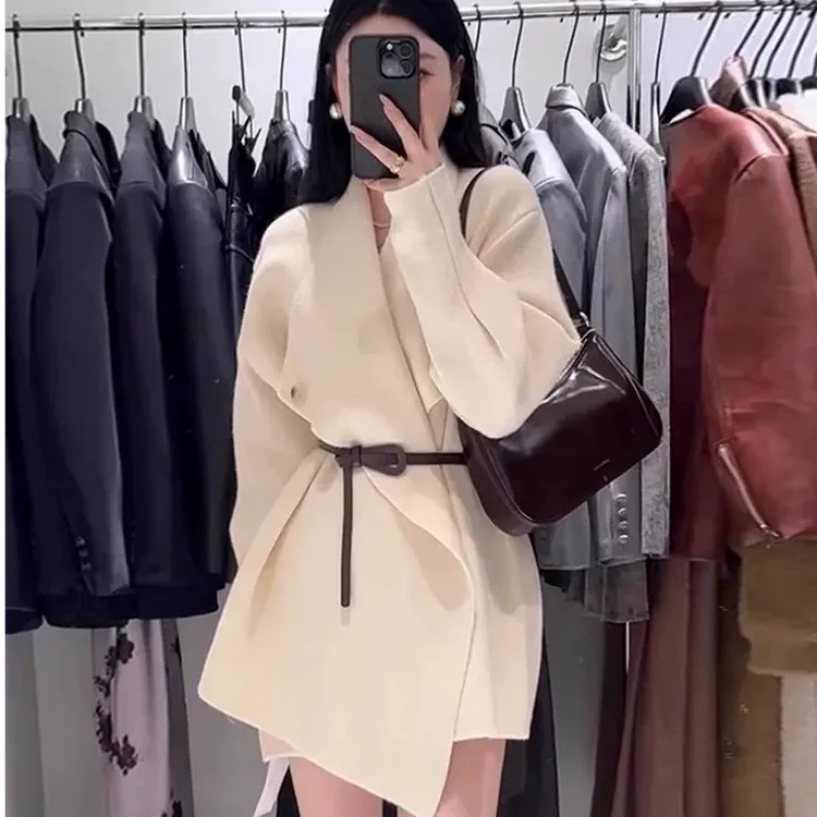 设计感收腰气质针织毛衣外套女2025新款秋冬纯色中长款外搭开衫厚