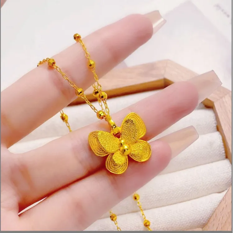 铜合金项链 【蹦迪珠链条+蝴蝶吊坠】新中式拉丝蝴蝶项链轻奢毛衣链