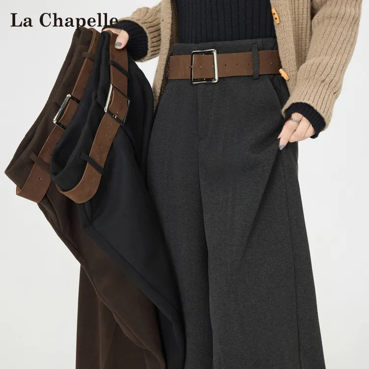 拉夏贝尔深灰色毛呢阔腿裤女秋冬新款高腰窄版垂感加厚西装拖地裤