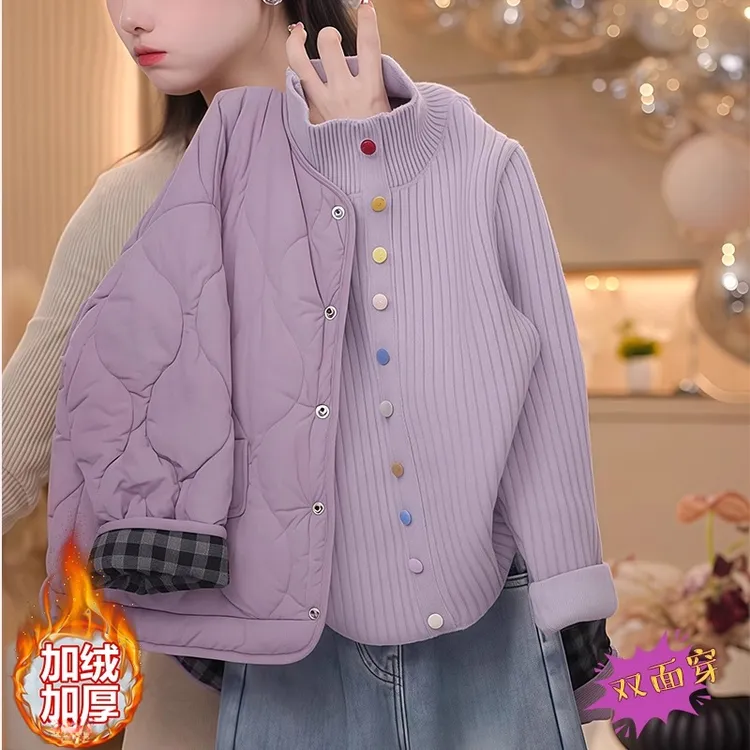 女童两面穿棉服加绒毛衣套装2025新款秋冬款夹棉棉衣半高领针织衫