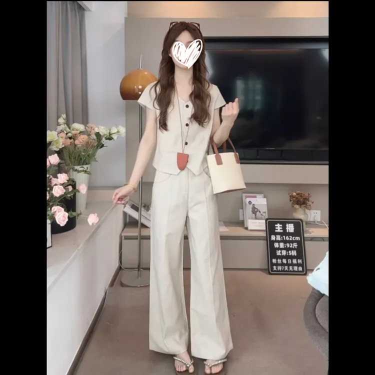 夏款两件套阔腿短裤休闲显瘦老钱风领上衣马甲搭配