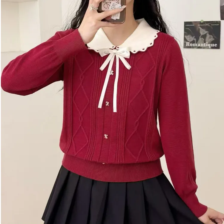 自留款推荐~小香风娃娃领蝴蝶结针织衫女秋冬新款温柔风减龄毛衣
