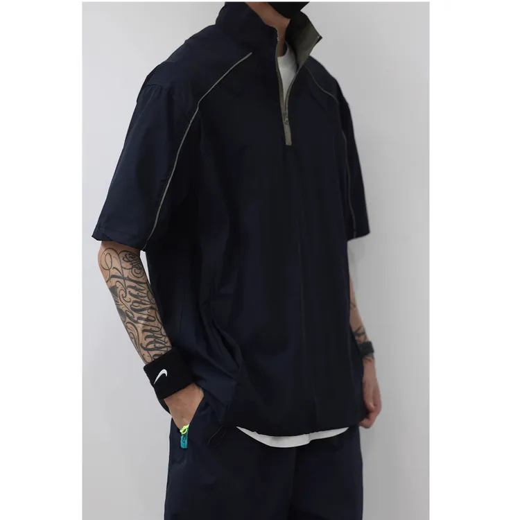 户外日系复古立领短袖T恤男宽松百搭速干上衣半袖打底休闲翻领潮