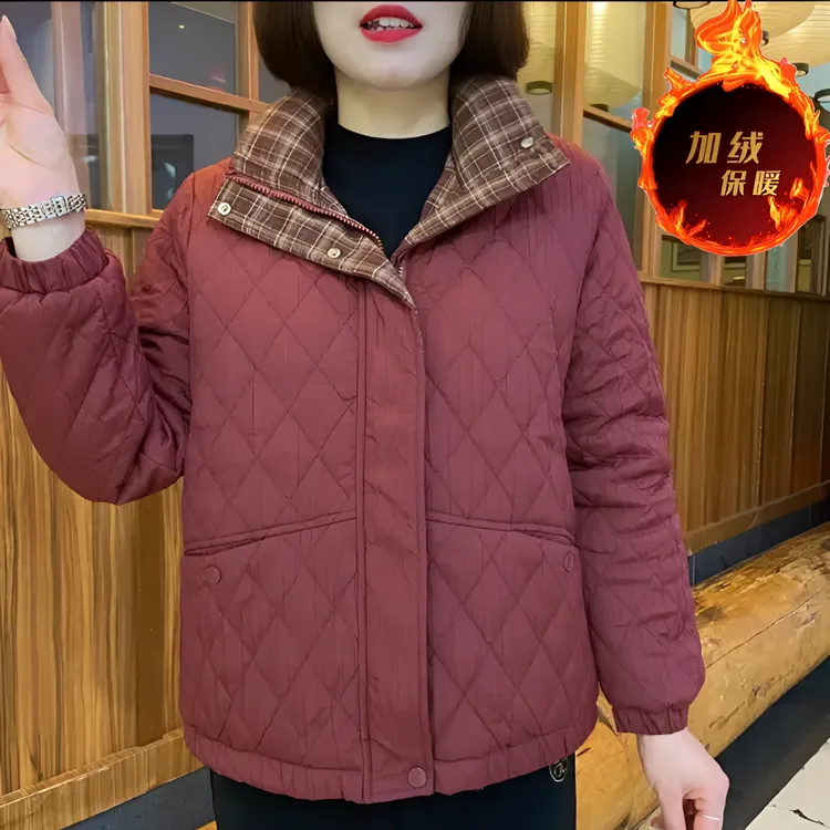 《专柜品质》冬季新款时尚气质百搭宽松立领加绒格子拼色保暖妈妈装