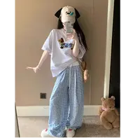 【现货+运费险】七色粉白撞色格子裤女2025显瘦宽松休闲ins拖地裤