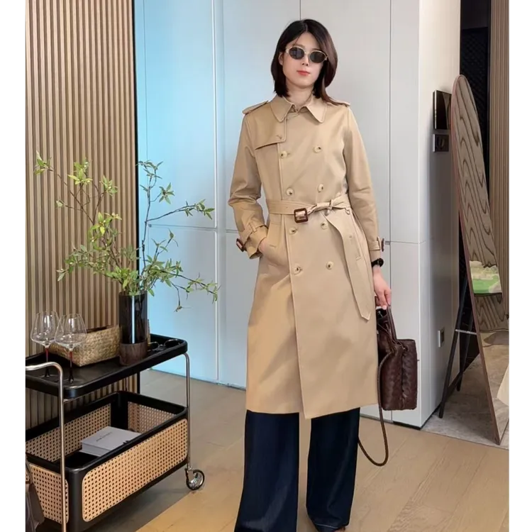 2025新款卡其色风衣过膝修身长款外套双排扣气质女装230303