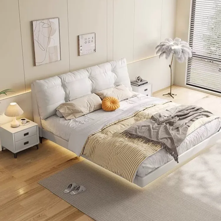 云朵悬浮床头层牛皮主卧床1.8米x2米皮床现代简约储物高箱皮艺床