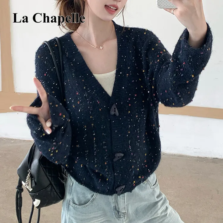 拉夏贝尔韩系彩色波点软糯针织开衫女洋气减龄显瘦百搭上衣外套