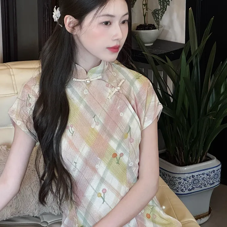 全开襟古法旗袍粉色可爱气质少女年轻款2025夏季新款复古日常可穿