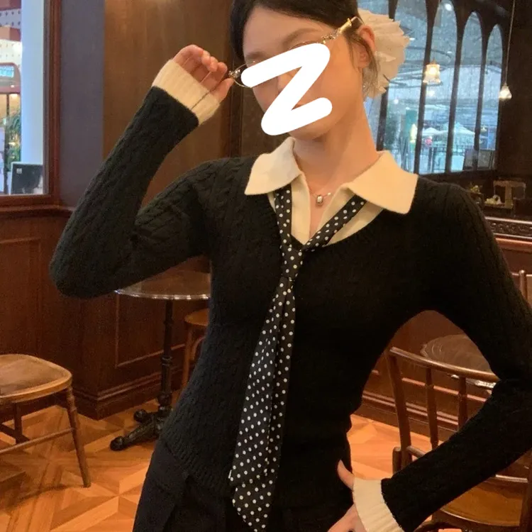 【漫城旧事】秋冬氛围感假两件丝巾针织衫新款百搭显瘦打底衫上衣女
