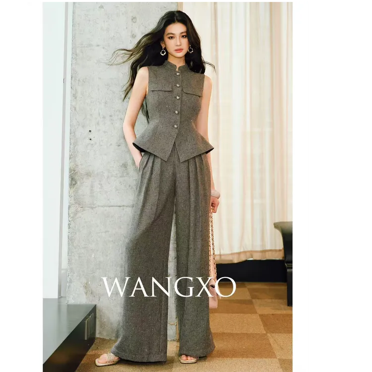 时尚星点显瘦削肩伞摆无袖马甲&直筒裤小香风组合套装显瘦气质