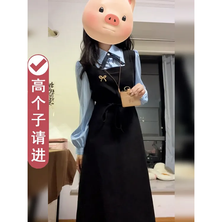 假两件学院风长袖连衣裙秋冬2025年新款教资面试韩系穿搭套装长裙