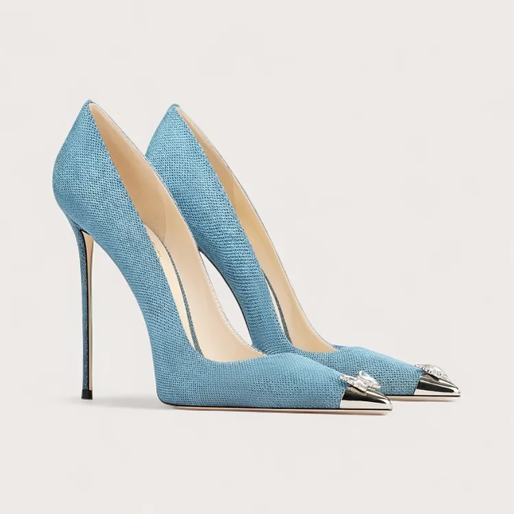 爆款高跟鞋蓝色金属小众名媛2025秋季新款上档次尖头职业气质高级