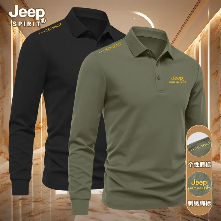 JEEP SPIRIT刺绣polo衫男秋冬季新款纯色商务休闲翻领长袖T恤上衣