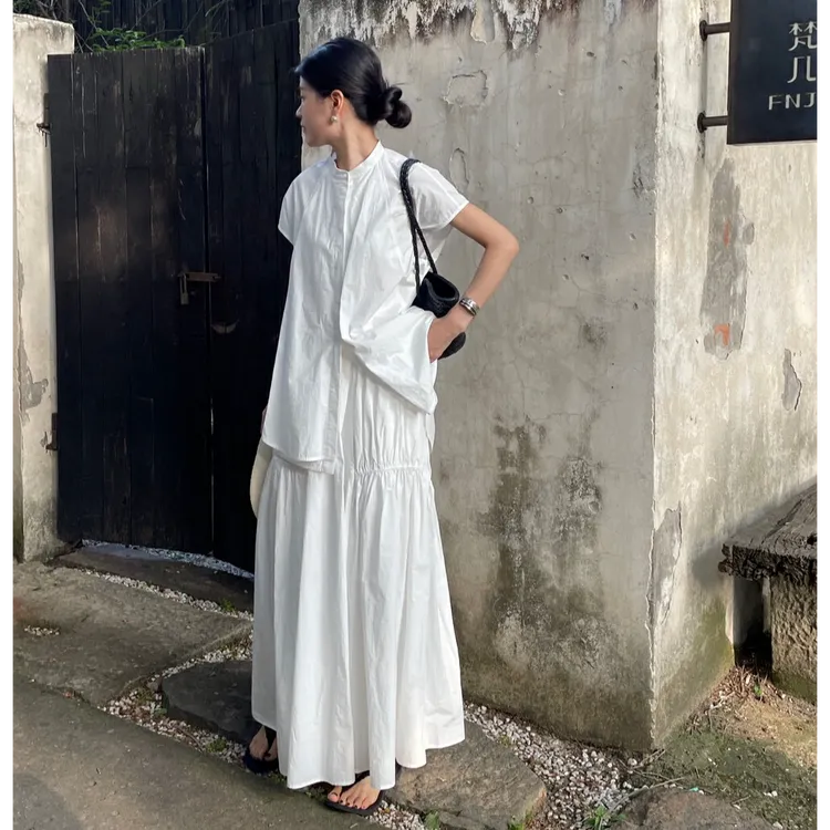 老钱风女装套装女夏季极简休闲时尚白色立领衬衫半身裙子两件套