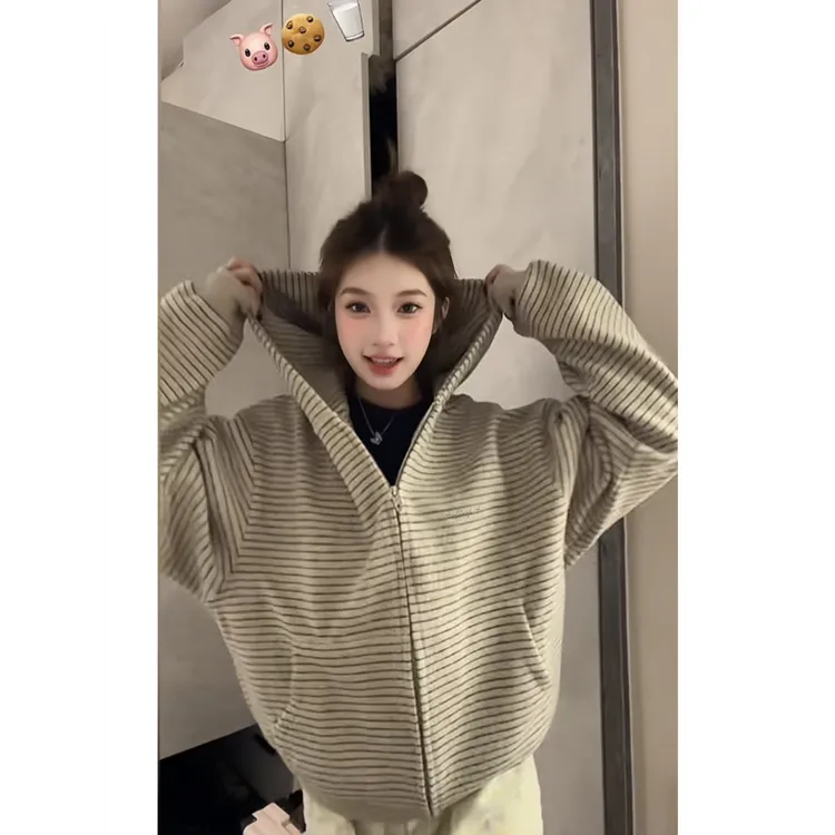 美式复古条纹连帽开衫女秋冬慵懒百搭设计感情侣款卫衣外套 