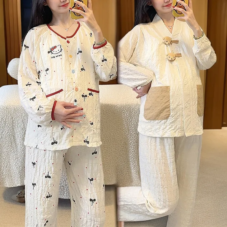 云朵棉月子服春夏季薄款哺乳孕妇睡衣纯棉产后吸汗喂奶家居带胸垫