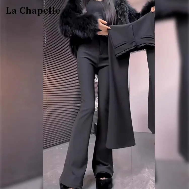 拉夏贝尔蕾丝边西装微喇叭裤女秋冬加绒加厚高腰显瘦黑色马蹄裤子