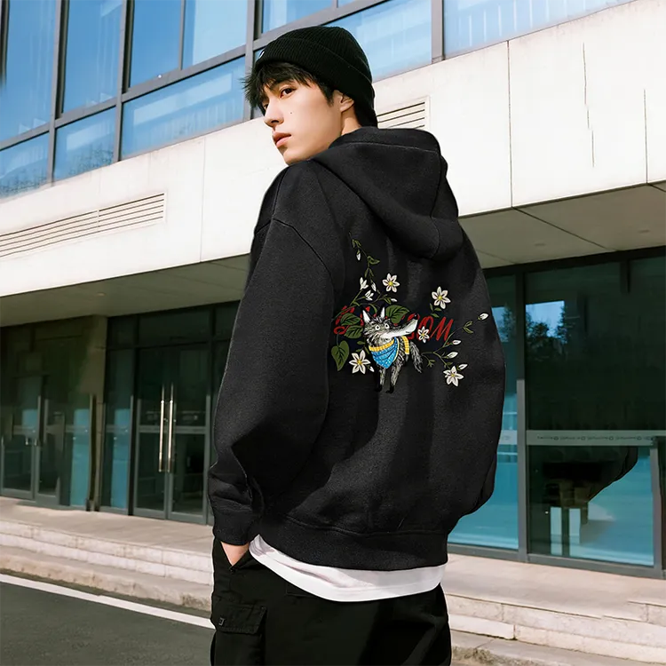 JEEPSPIRIT美式黑色连帽卫衣男士春秋新款潮牌痞帅高街设计感帽衫