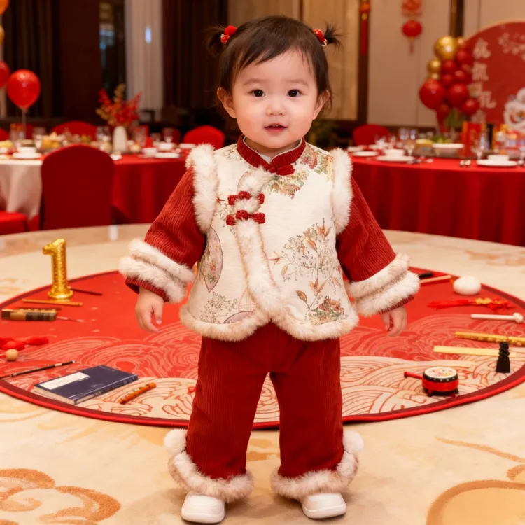女宝抓周礼服冬装中式国风唐装女童周岁生日衣服小女孩过年拜年服
