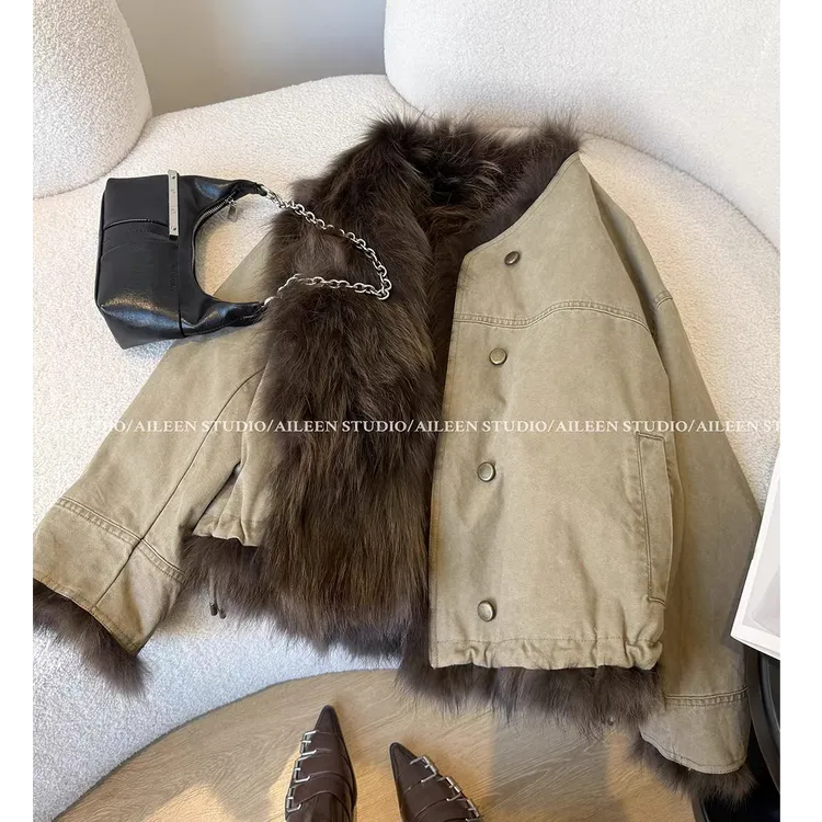 派克服上衣女2025冬季新款加厚保暖环保狐狸毛皮草毛茸茸毛毛外套