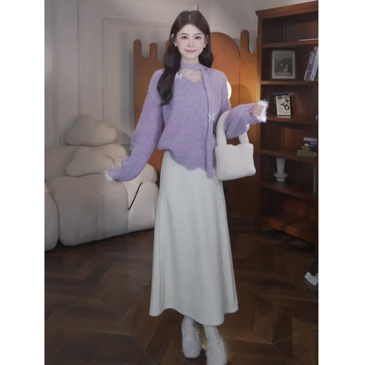 鹿向南【槿上花语】韩系慵懒风设计感飘带V领套头毛衣针织衫套装女