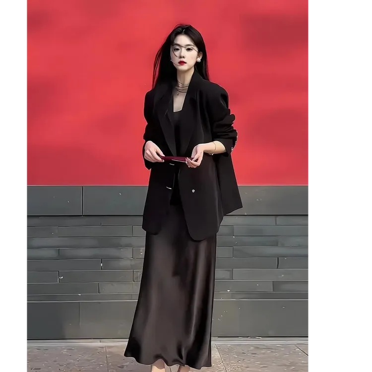 大码女装高级感御姐风黑色西装套装夏季胖mm国风薄款吊带裙两件套