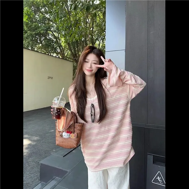 大码胖MM秋季新款条纹罩衫松弛感t恤女慵懒撞色休闲长袖上衣女