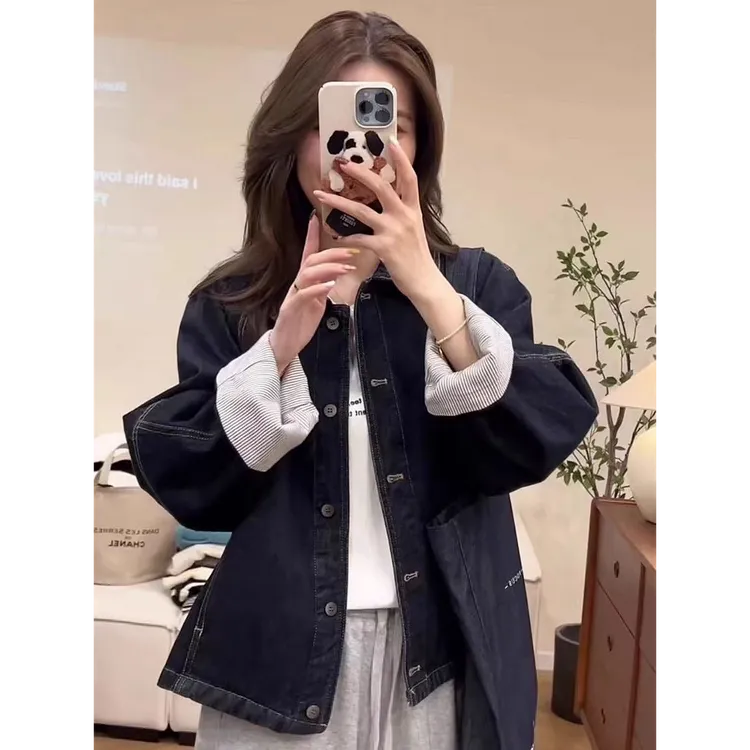 春季韩系袖口拼接条纹短牛仔外套女2025新款休闲宽松显瘦上衣夹克