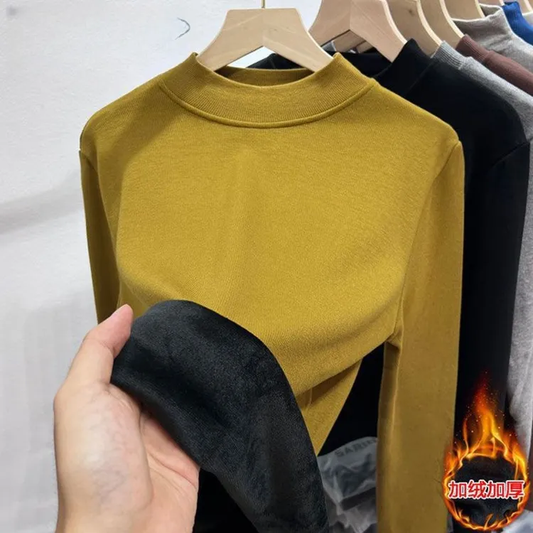 半高领打底衫2023秋冬女装保暖长袖内搭加绒加厚螺纹T恤