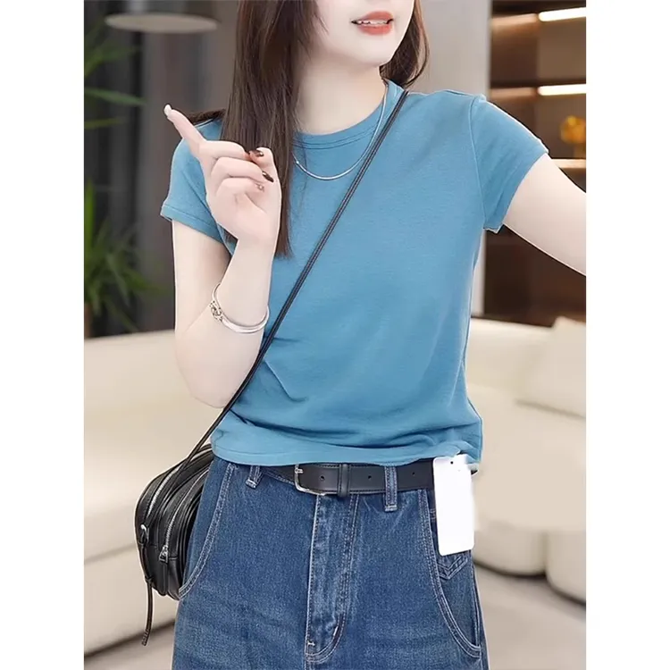 蓝色正肩简约短袖t恤女夏季2025爆款欧货韩版休闲显瘦圆领上衣