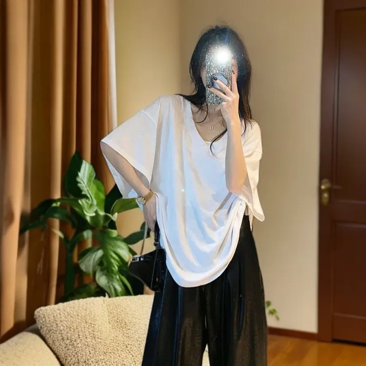 松弛感慵懒风宽松大V领口纯色基础款百搭短袖T恤上衣女夏季