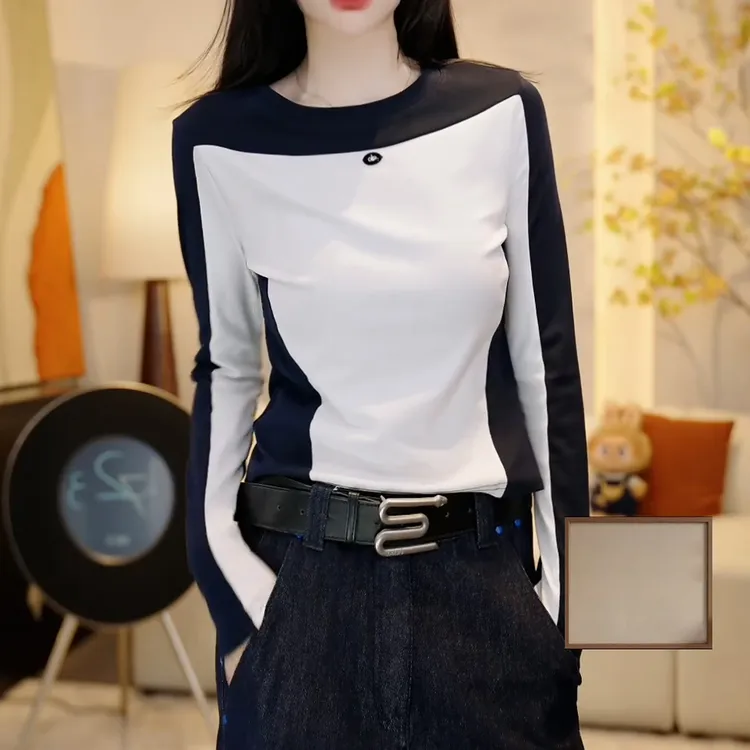 小众设计感撞色拼接长袖T恤女2025秋季新款修身显瘦打底衫上衣潮