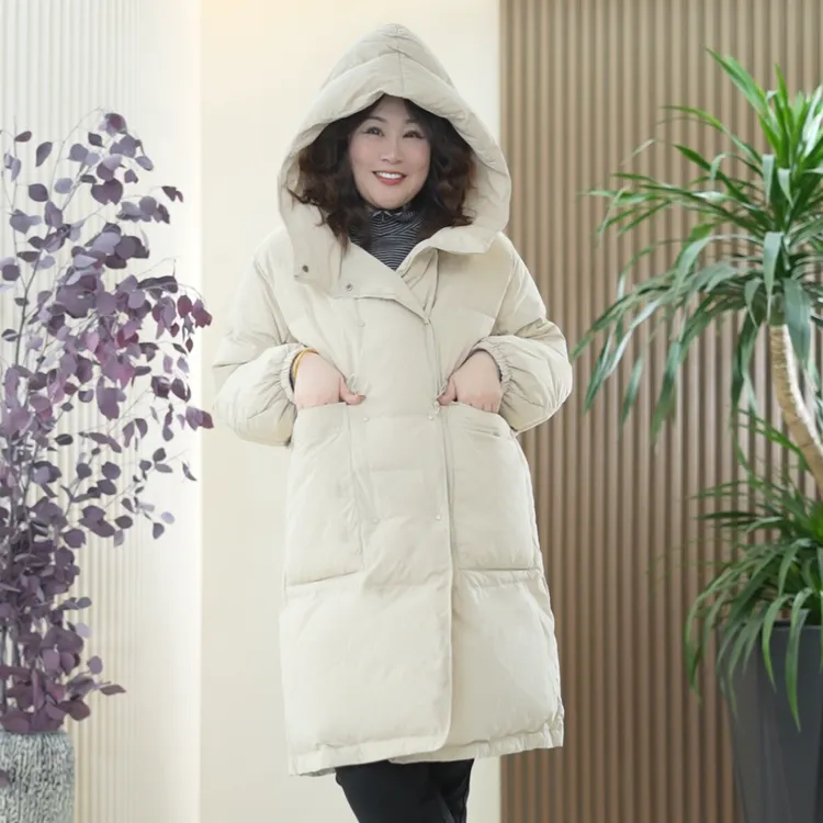 新国标90白鸭绒连帽羽绒服大口袋收腰中长款大码保暖冬季外套女潮