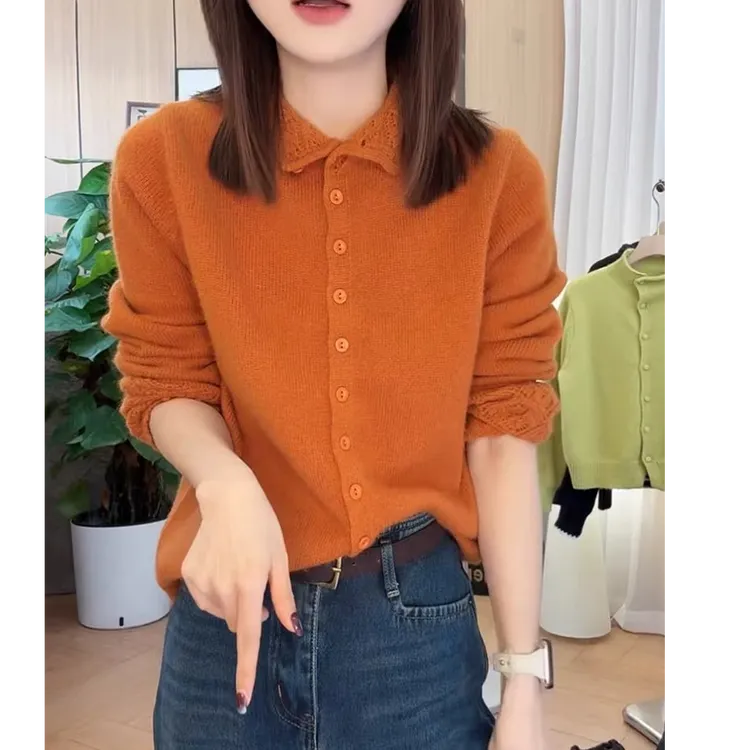 【钩花立领可翻领】橘色镂空长袖针织开衫秋冬新款韩系小众百搭上衣