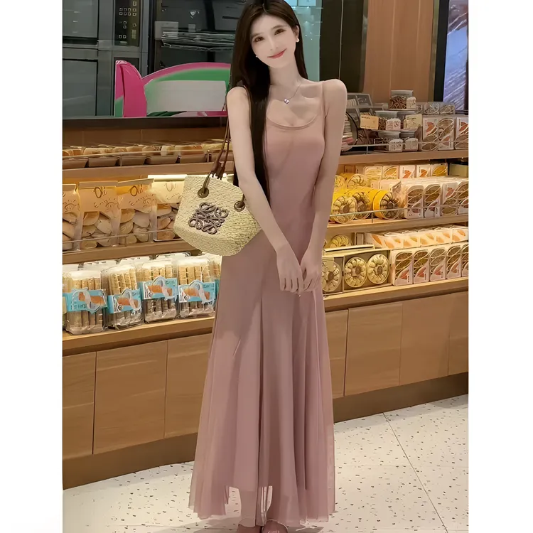 粉雾香氛法式高腰吊带裙开衫套装女2025新款春夏浪漫吊带长裙套装