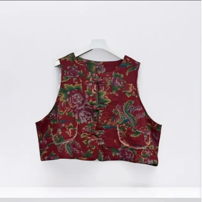 秋季款马甲东北大花国风中式上衣盘扣无袖背心斜纹棉麻复古印花女