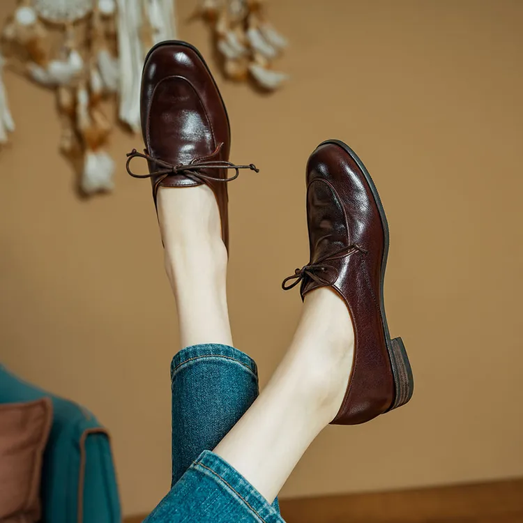 低跟2厘米/植鞣水洗头层牛皮乐福鞋复古休闲小皮鞋系带圆头单鞋女