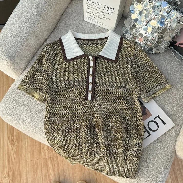 简依会老钱风针织常规拼接短袖镂空新潮风T恤复古百搭ol小众夏季