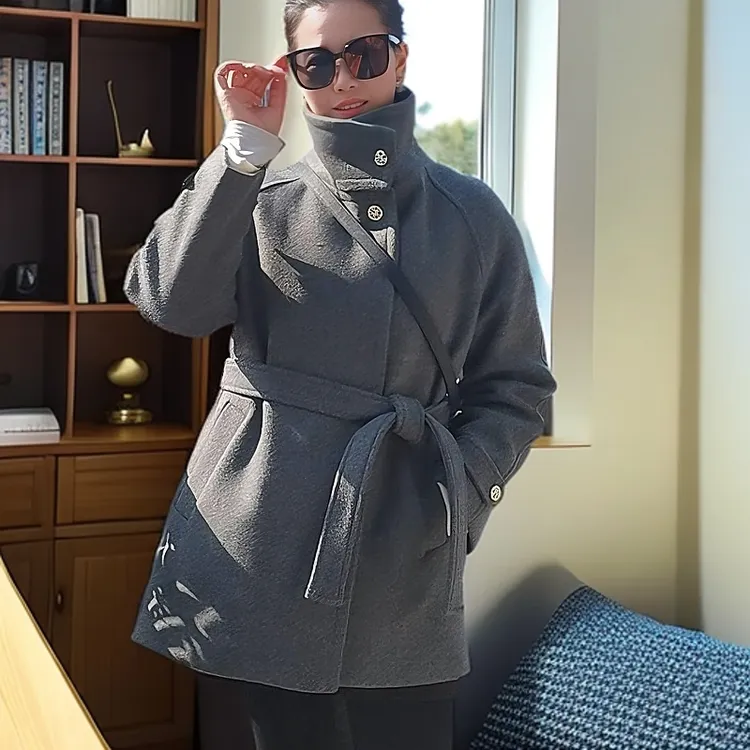 韩系气质秋冬外套灰色2024冬季羊毛短款加棉外套