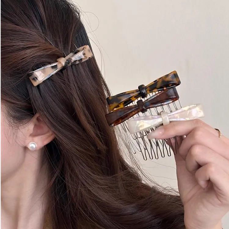 醋酸蝴蝶结发梳倒插刘海发夹2025新款网红防滑高颅顶蓬松侧边发卡