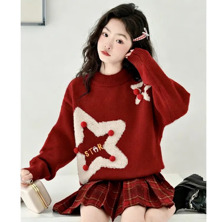女童毛衣冬季2025新款6-12岁儿童红色针织衫中大童加厚圆领拜年服