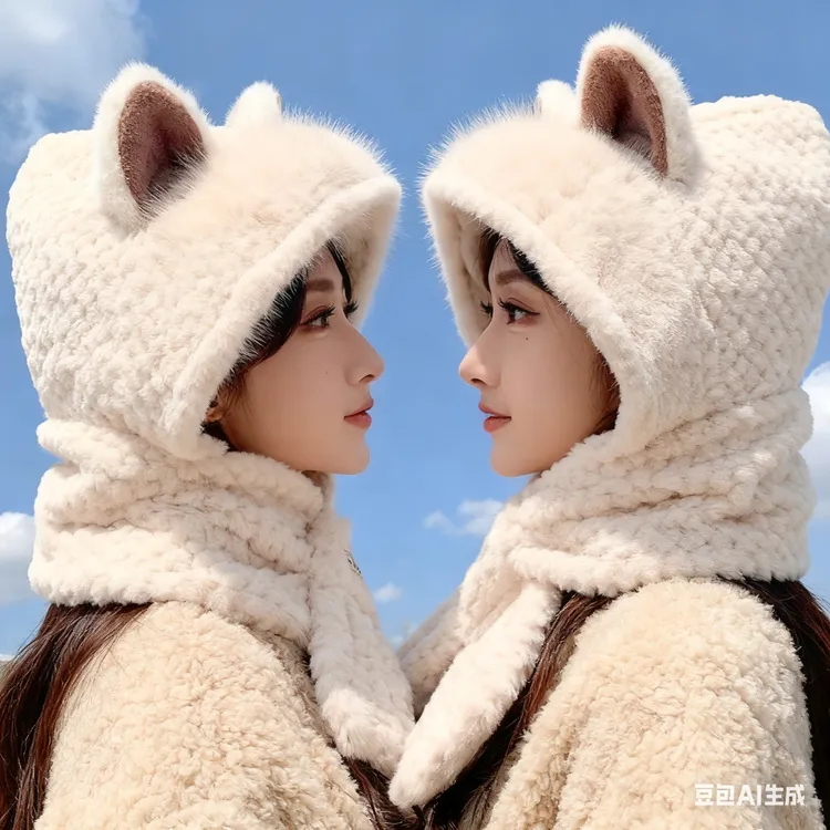 可动狐狸耳毛绒帽一体保暖 秋冬通勤护耳防风软萌显脸小超可爱