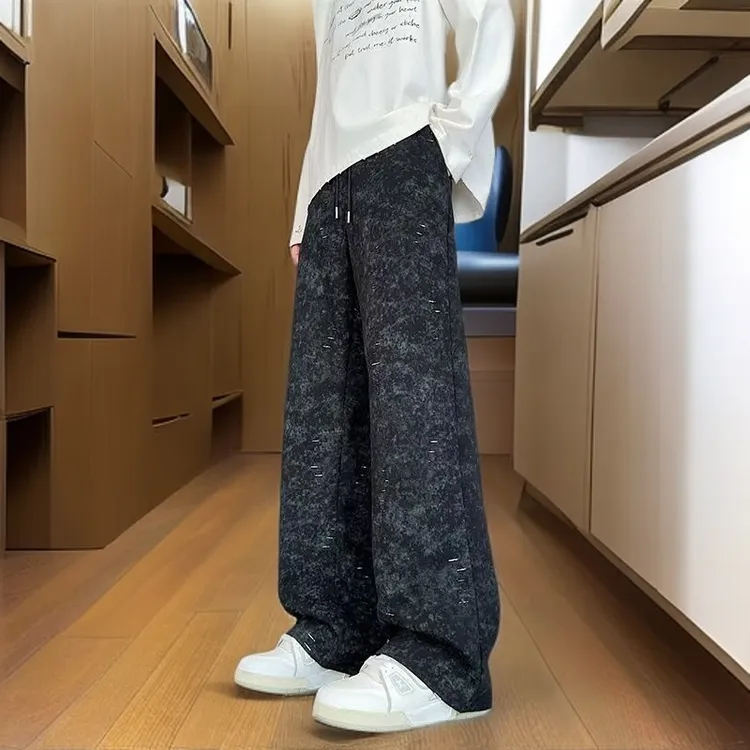 秋冬垂感美式痞帅破洞直筒裤撞色男休闲裤长裤潮流休闲扎染弯刀裤