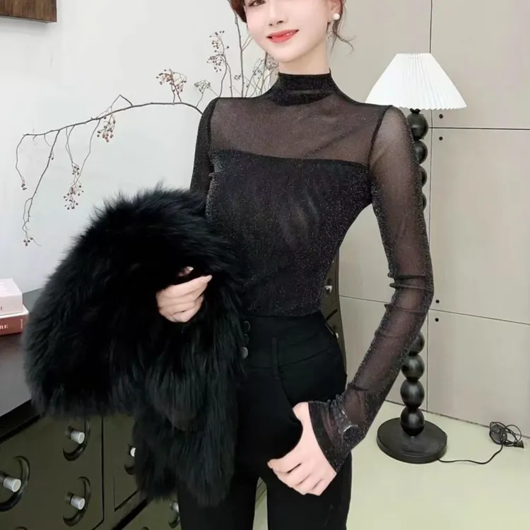 【时髦聚焦】气质半高领网纱亮片打底衫长袖T恤时尚洋气女拼接上衣