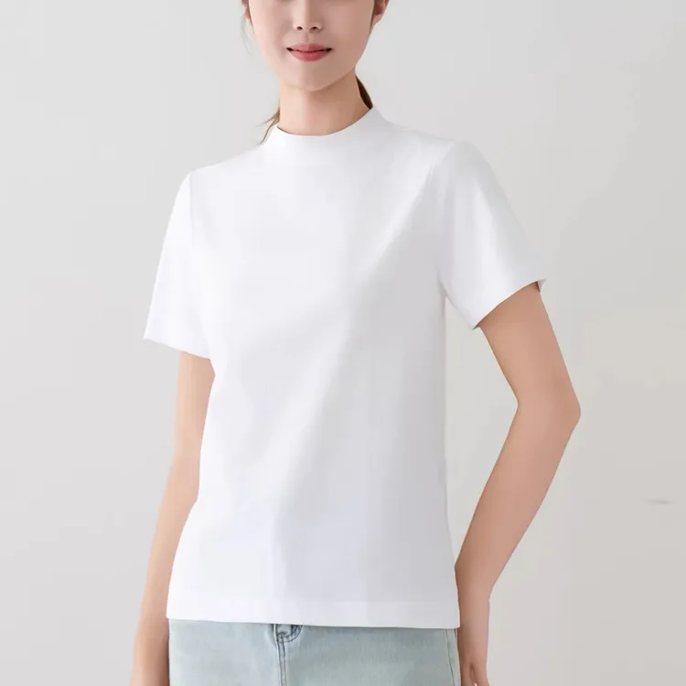 80支空气层棉质小立领半高领短袖T恤女夏季宽松百搭内搭打底上衣