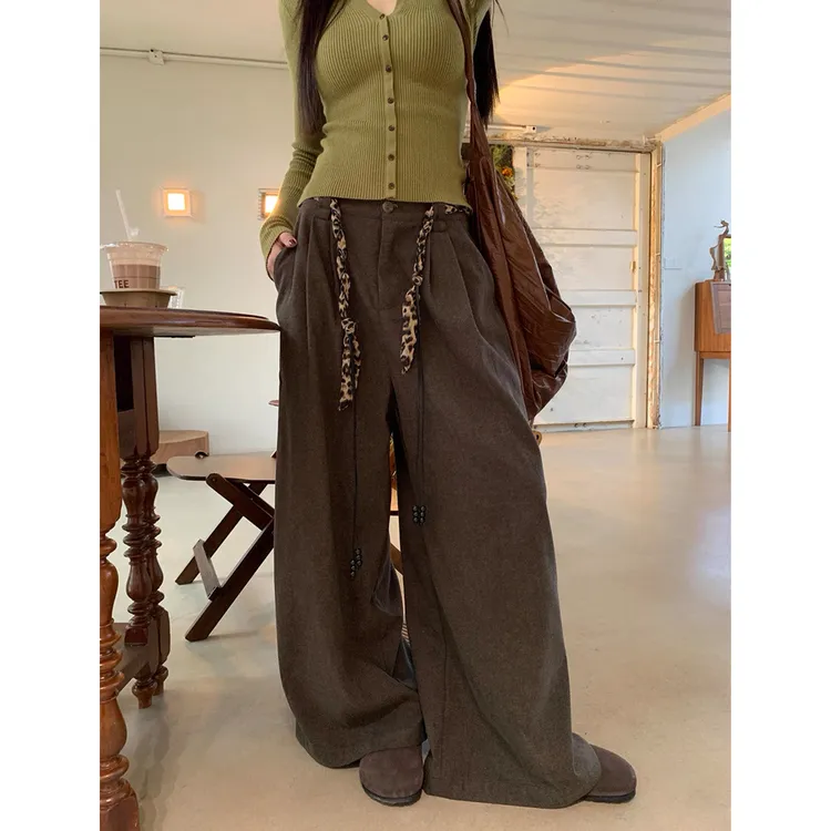 高级感压褶直筒休闲裤女秋冬时尚气质高腰显瘦阔腿裤C 9710#